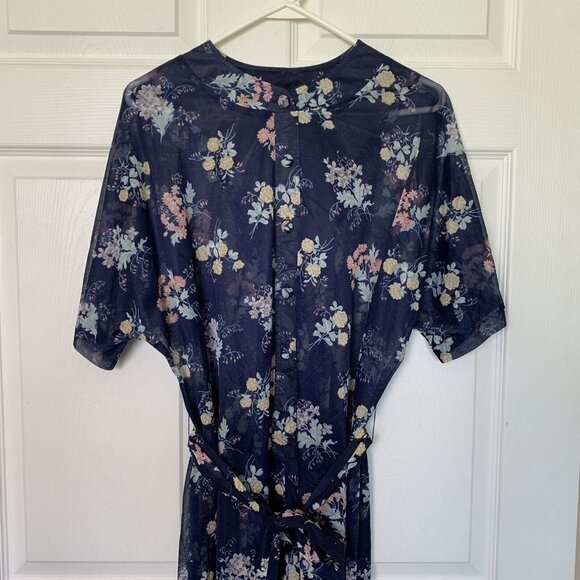 Tribute Robe Size 22 Blue Floral Sheer Button Short Sleeve House Dress - Picture 2 of 13